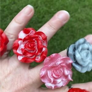 Ring Pink Rose With Silver Adjustable Band Statement Piece 1-inch diameter.